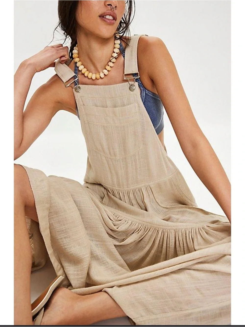 Free people Women's Natural Moonbeam Solid Skirtall linen dress nwt size m - Picture 2 of 9